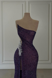 Purple Gorgeous Shiny Elegant Spaghetti Strap Beading Sexy Slit Long Mermaid Slim Sequin Ball Gown Evening Dress HZ1023