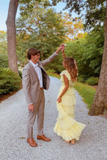 Yellow fashion square neck A-line multi-layered long tulle ball gown evening dress HZ1023