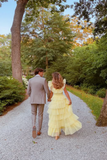 Yellow fashion square neck A-line multi-layered long tulle ball gown evening dress HZ1023