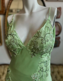 Green V-neck exquisite embroidery long satin ball gown evening dress HZ1023