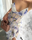 Blue Charming Floral A-Line Spaghetti Strap Long Ball Gown Party Dress Evening Gown HZ1023