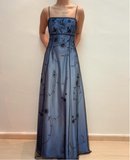 Blue Delicate Beaded Long Tulle Elegant Ball Gown Evening Dress Formal Birthday Party Dress Prom Dress HZ1023
