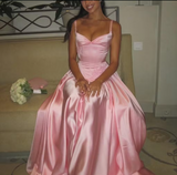 Pink retro elegant sweetheart neckline A-line spaghetti strap satin long evening dress birthday party dress bridesmaid dress HZ1023