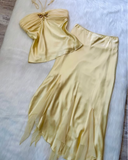 Yellow Fashion Elegant Fairy Refreshing Exquisite Gemstone Suspender Long Two-piece Satin Prom Dress Evening Dress Seaside Vacation Birthday Party Dress Prom Dress HZ1023