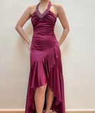 Purple Fashion Elegant Fairy Exquisite Beaded Suspender Long Satin Ruffle Ball Gown Evening Dress Birthday Party Dress Prom Dress HZ1023