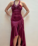 Purple Fashion Elegant Fairy Exquisite Beaded Suspender Long Satin Ruffle Ball Gown Evening Dress Birthday Party Dress Prom Dress HZ1023