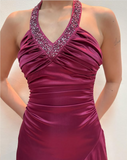 Purple Fashion Elegant Fairy Exquisite Beaded Suspender Long Satin Ruffle Ball Gown Evening Dress Birthday Party Dress Prom Dress HZ1023