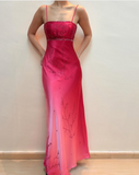 Pink Fashion Gradient Elegant Fairy Exquisite Beading Spaghetti Strap Long Satin Ball Gown Evening Dress Birthday Party Dress Prom Dress HZ1023