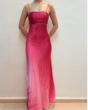 Pink Fashion Gradient Elegant Fairy Exquisite Beading Spaghetti Strap Long Satin Ball Gown Evening Dress Birthday Party Dress Prom Dress HZ1023