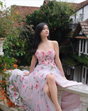 Pink Fashion Elegant Floral Long Chiffon Ball Gown Evening Dress Wedding Guest Party Dress Prom Dress HZ1023