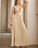 Gold V Neck Long Bridesmaid Dress with Slit HZ1023