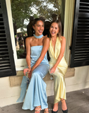 Light Blue Simple Elegant Fashion Long Satin Prom Dress Evening Dress Wedding Guest Party Dress HZ1023
