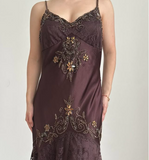 Brown Vintage Elegant Exquisite Floral Beading Spaghetti Strap Long Satin Lace Ball Gown Evening Dress Birthday Party Dress Prom Dress HZ1023