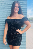 Black Sequin Off-the-Shoulder Feathered Short Party Dress HZ1023