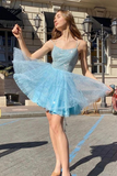 Blue A-line Beaded Spaghetti Straps Short Homecoming Dress HZ1023