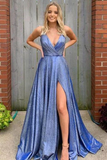 New Arrival Spaghetti Strasp V-neck Long A-line Front Split Pretty Prom Dresses HZ1023