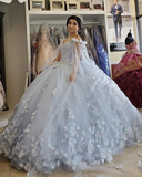 Light blue long ball gown evening gown quinceanera dress off the shoulder floral sequin beads fluffy party princess sweet 16 dress HZ1023