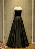 Simple Black Sweetheart A-Line Long Tulle Party Dress, Black Evening Gown HZ1023
