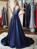 Double V-Neck Navy Blue Beads Crystal A Line Formal Prom Dresses HZ1023