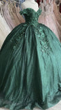 Off The Shoulder Green Ball Gown With Flowers Sweet 16 Dress HZ1023