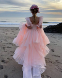 Abmyl Baby Pink Organza Prom Dresses Short Puff Sleeves Ruffles Prom Party Gowns Slit Princess Formal Women Party Dresses HZ1023