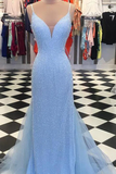 Sparkly Open Back V Neck Spaghetti Straps With Prom Dress HZ1023
