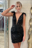 Black Plunge V Feathers Short Party Gown HZ1023