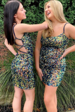 Colored Navy Sequins Tight Mini Party Dress HZ1023