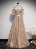 Charming Champagne Tulle And Sequins Long Party Dress, A-Line Prom Dress HZ1023