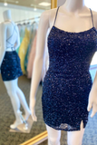 Indigo Sequin Scoop Neck Lace-Up Short Dress HZ1023