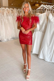 Red Gorgeous Shiny Off Shoulder Feather Bodycon Mini Short Homecoming Dress Party Dress HZ1023