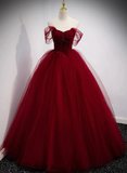 Gorgeous Wine Red Tulle Ball Gown Long Prom Dress Formal Dress, Burgundy Sweet 16 Dresses HZ1023