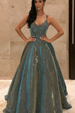 Shinning Spaghetti-Straps V-Neck Sequins Prom Dress Long Sleeveless HZ1023
