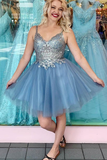 A-line Misty Blue Appliques Short Homecoming Dress HZ1023