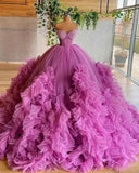 Sweetheart Purple Beading Bodice Tulle Ruffle Pleated Ball Gown Evening Dress prom gown HZ1023