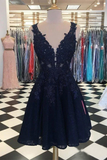 Dark Navy Lace Homecoming Dresses V Neck Appliqued Cheap Short Prom Dresses HZ1023