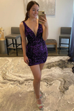 Purple Sequins Plunge Mini Homecoming Dress HZ1023