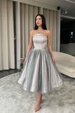 Silver Strapless A-Line Short Prom Dress With Sequins HZ1023
