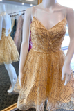 Gold Sequin V-Neck Spaghetti Straps A-Line Short Homecoming Dress HZ1023