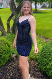 Dark Blue Beaded Spaghetti Straps Bodycon Mini Party Dress HZ1023