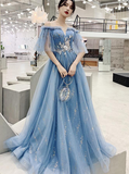 Light Blue Tulle Off Shoulder With White Lace Party Dress, Blue Formal Dress Gowns HZ1023