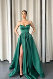 Dark Green Spaghetti-Straps V-Neck Long A-Line Prom Dress With Split HZ1023