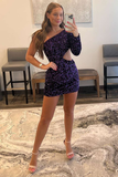 Purple Sequin One-Sleeve Cutout Short Homecoming Dress HZ1023