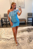 One-Shoulder Light Blue Sequins Feather Mini Homecoming Dress HZ1023