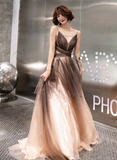 Unique Tulle V-Neckline Straps A-Line Gradient Party Dress, Tulle Long Evening Dress Prom Dress HZ1023