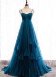 Beautiful Teal Blue Tulle Straps Long High Waist Prom Dress, Blue Evening Party Dresses HZ1023
