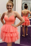 Cute Coral Plunge V Lace-Up Tiered Short Homecoming Dress HZ1023