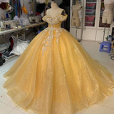 Yellow applique shiny sweet 16-year-old long Belle princess dress prom dress evening dress party dress wedding dress HZ1023