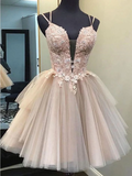 Short Backless Champagne Lace Prom Dresses, Short V Neck Champagne Lace Graduation Homecoming Dresses HZ1023