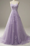 Custom Made Lace Lilac Prom Dresses Long Evening Dress Spaghetti Straps Formal Gown with Train HZ1023